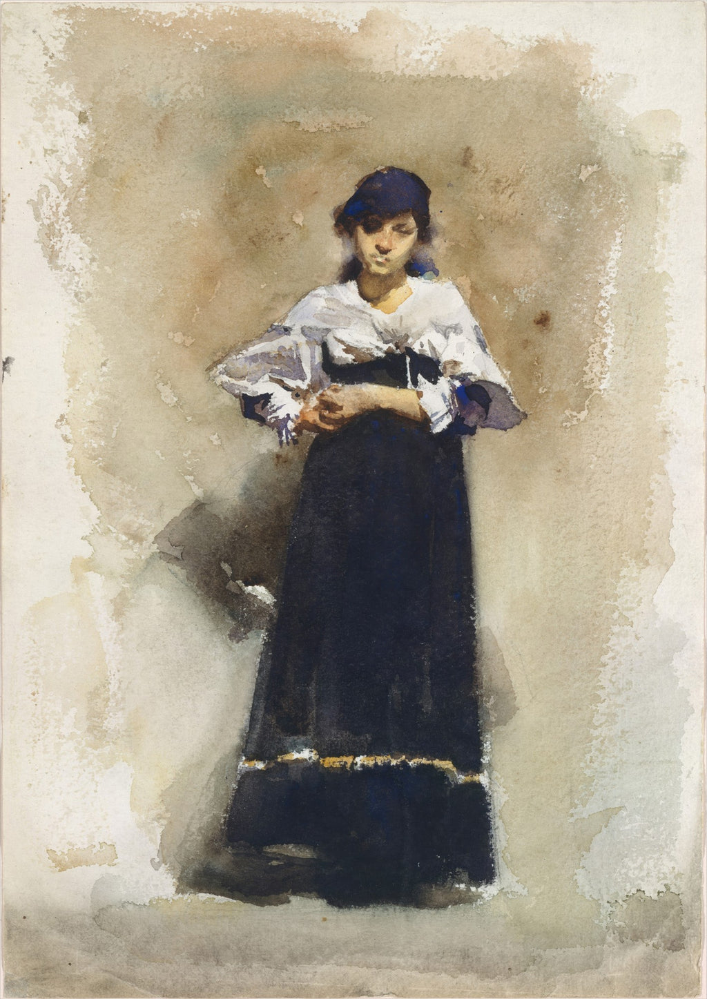 Quadro decorativo com aquarela de John Singer Sargent, 'A Mulher de Capri', retratando uma mulher em pé, com vestido escuro e blusa branca, em fundo neutro.