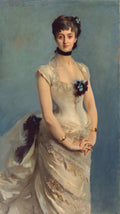 Retrato de Madame X de John Singer Sargent, uma mulher elegante com vestido de seda creme, em um fundo azul-esverdeado, com flores azuis e roxas no cabelo e no corpete. Assinatura 'John S Sargent 1885' no canto superior esquerdo.