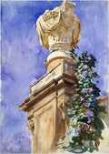 Aquarela de John Singer Sargent mostrando uma urna de pedra ornamentada em um jardim, com folhagens verdes e flores roxas sob um céu azul vibrante.