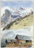 Aquarela de John Singer Sargent retratando paisagem alpina com montanhas nevadas ao fundo e chalés de madeira em primeiro plano, datada de 1870.