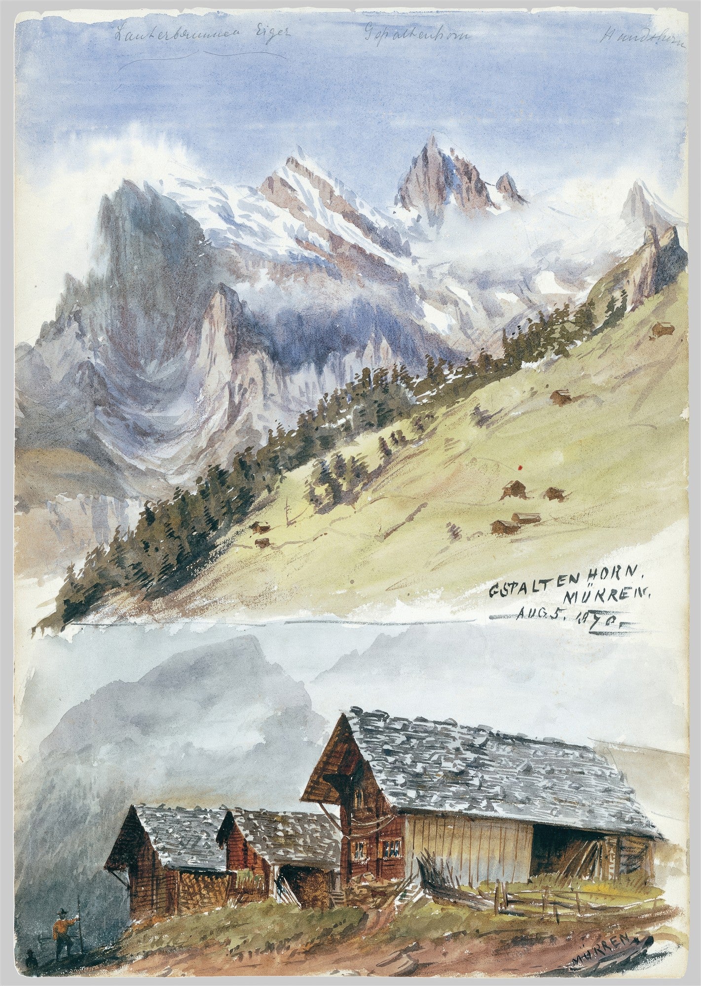 Aquarela de John Singer Sargent retratando paisagem alpina com montanhas nevadas ao fundo e chalés de madeira em primeiro plano, datada de 1870.