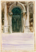 Quadro decorativo de aquarela de John Singer Sargent mostrando uma porta arqueada em Veneza em tons de verde escuro, marrom e lavanda.
