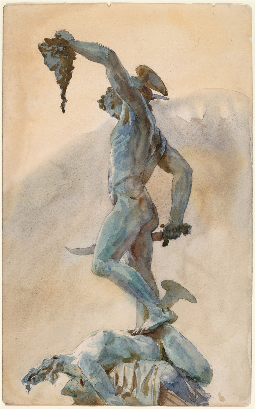 Aquarela de John Singer Sargent representando Perseu segurando a cabeça da Medusa, com a figura da Medusa aos seus pés. A escultura é em tons de azul-esverdeado e a base em tons de ocre.
