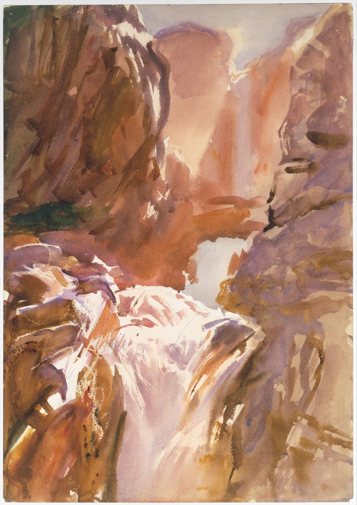 Pintura em aquarela de um cânion iluminado pelo sol, com rochas em tons de marrom e laranja e água clara no fundo. A luz branca e amarelada destaca o centro da composição.