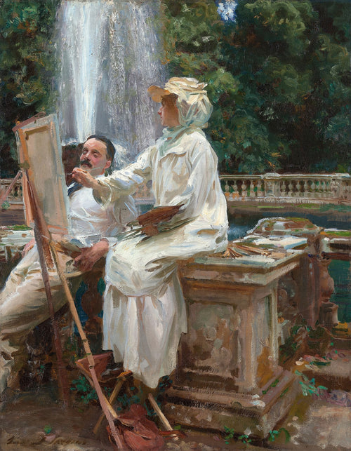 Pintura a óleo de John Singer Sargent, 'A Sesta', mostrando uma mulher pintando um homem em um jardim com cascata ao fundo, em estilo impressionista.