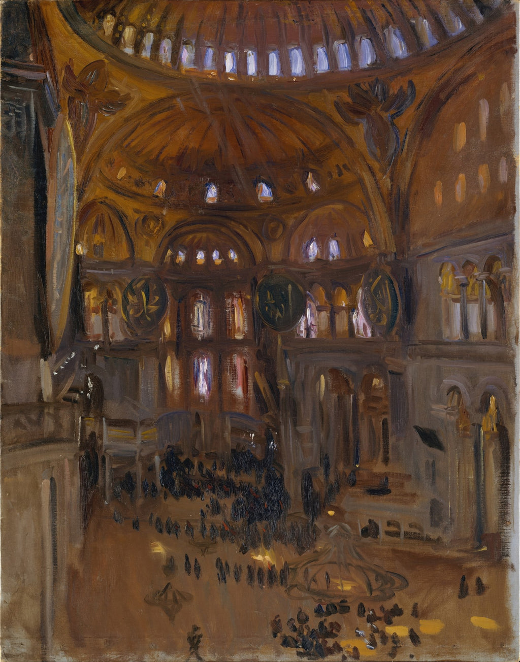 Pintura a óleo de John Singer Sargent mostrando o interior da Hagia Sophia, com sua grande cúpula, arcos e janelas altas que filtram a luz. Há pequenas figuras de pessoas no chão da vasta igreja/mesquita, em tons de marrom, dourado e azul escuro.