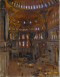 Pintura a óleo de John Singer Sargent mostrando o interior da Hagia Sophia, com sua grande cúpula, arcos e janelas altas que filtram a luz. Há pequenas figuras de pessoas no chão da vasta igreja/mesquita, em tons de marrom, dourado e azul escuro.
