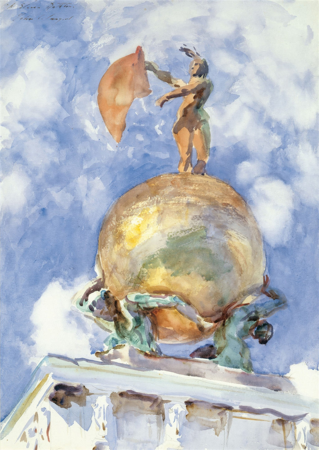 Aquarela de John Singer Sargent, 'Apolo e as Musas', mostrando uma estátua de Apolo com uma bandeira, sobre um globo, sustentado por figuras, contra um céu azul com nuvens brancas.