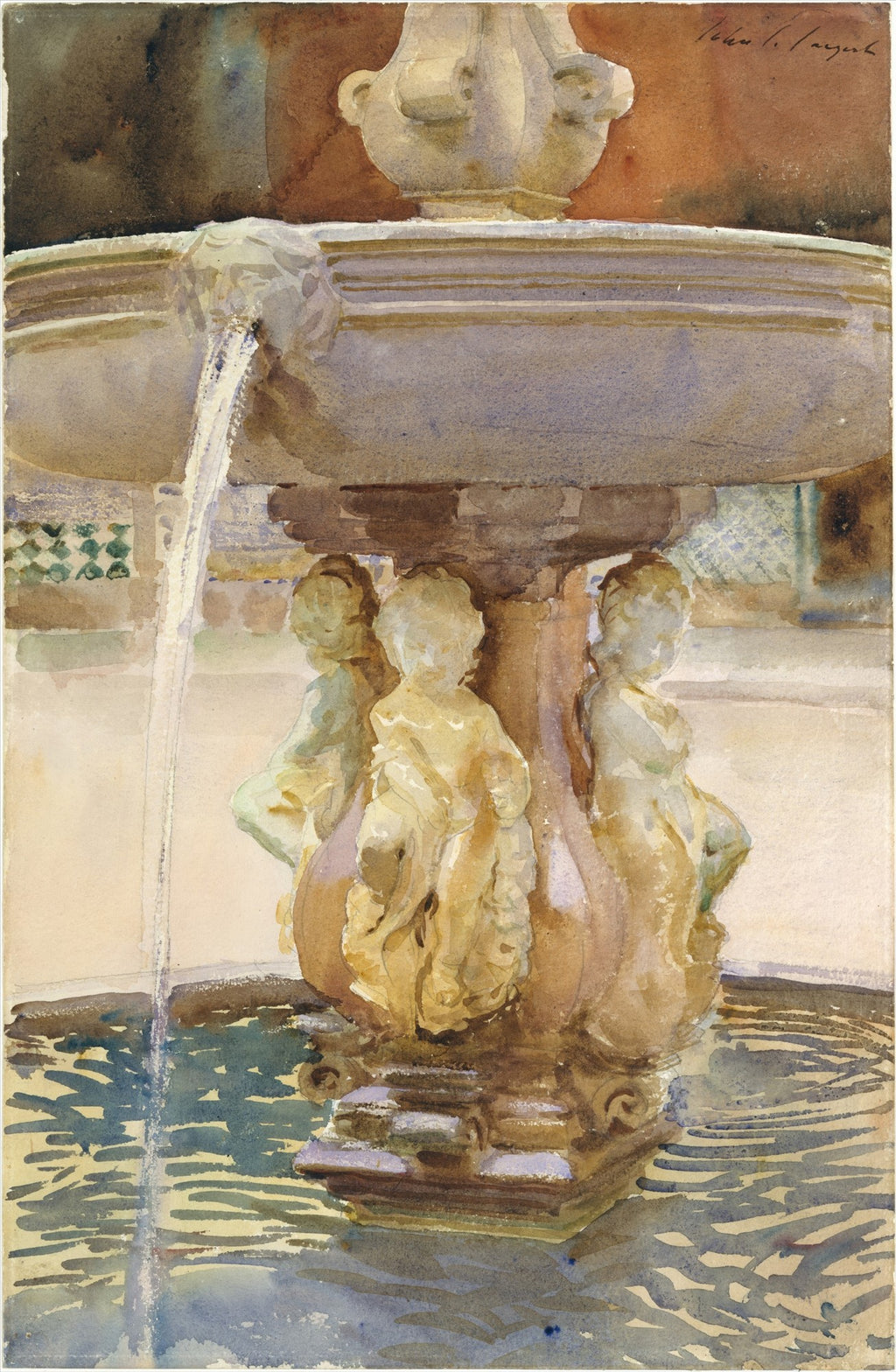 Quadro decorativo em aquarela de John Singer Sargent, representando uma fonte de pedra ornamentada com estátuas de querubins, com água caindo e refletindo na superfície, em tons de azul, marrom e ocre.