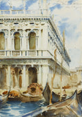 Quadro decorativo em aquarela de John Singer Sargent mostrando o Palazzo Ducale em Veneza, com gôndolas e o canal em primeiro plano e um céu azul com nuvens.