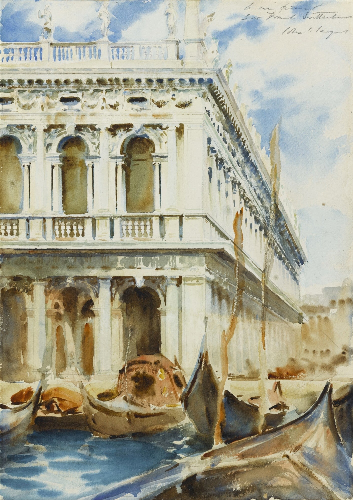 Quadro decorativo em aquarela de John Singer Sargent mostrando o Palazzo Ducale em Veneza, com gôndolas e o canal em primeiro plano e um céu azul com nuvens.