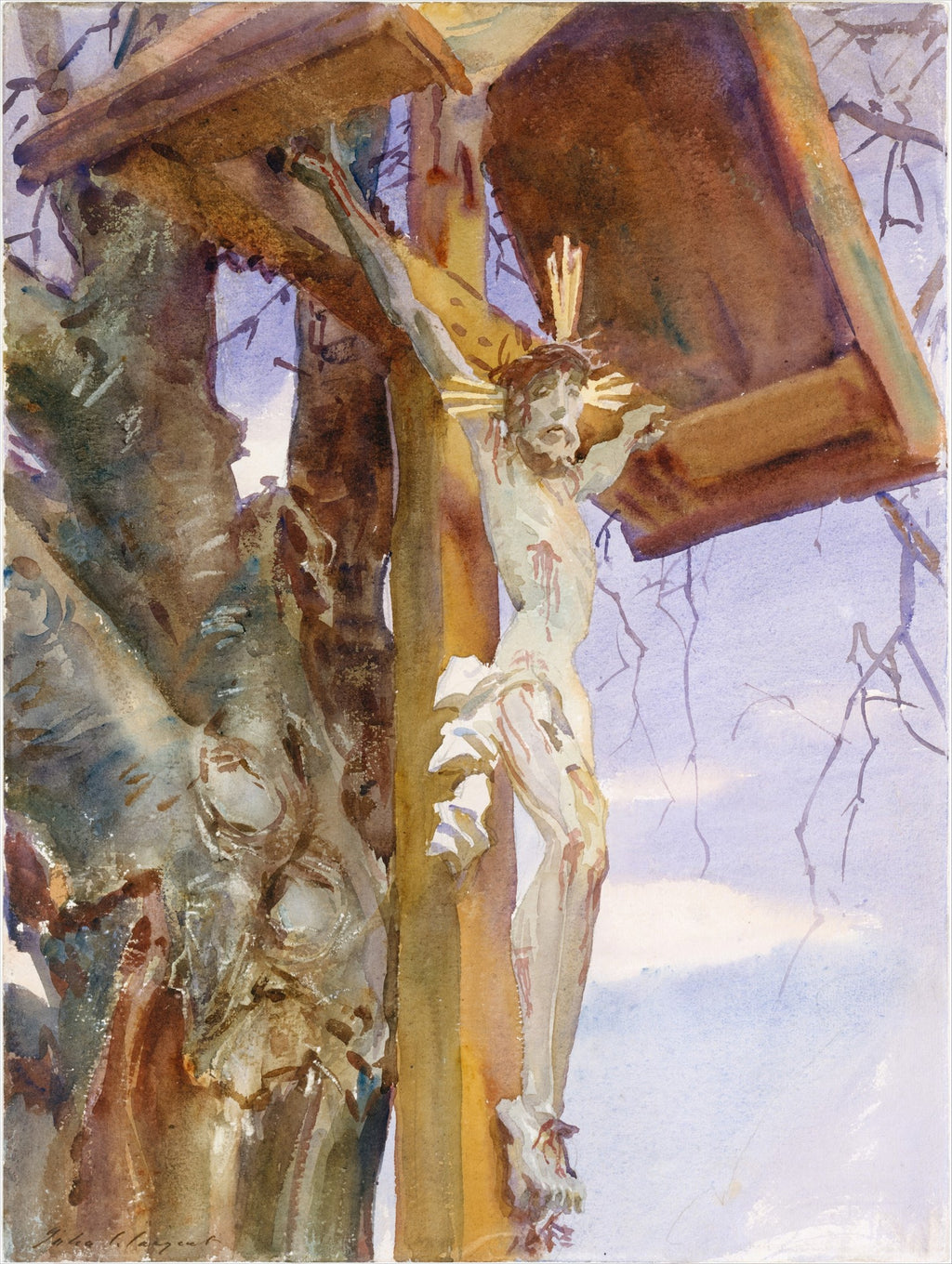 Quadro decorativo mostrando um crucifixo em aquarela de John Singer Sargent, com tons terrosos e celestiais.