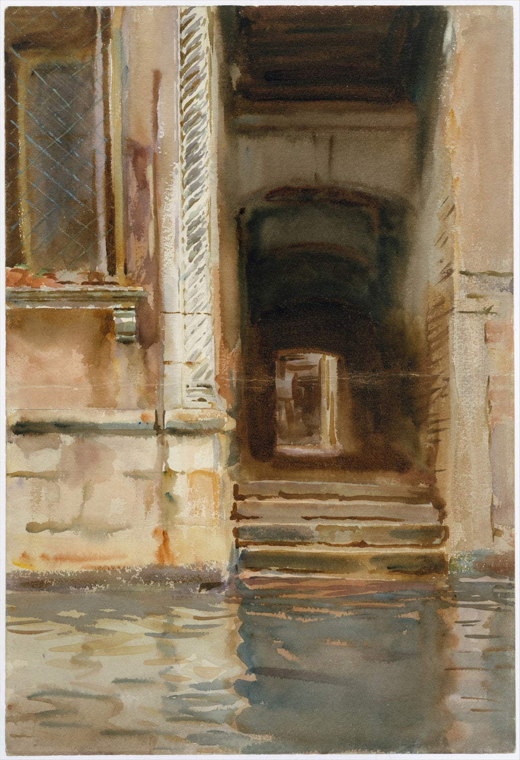 Quadro decorativo em aquarela de John Singer Sargent, representando um portão escuro em Veneza refletido na água do canal, com detalhes arquitetônicos em pedra e uma janela à esquerda.