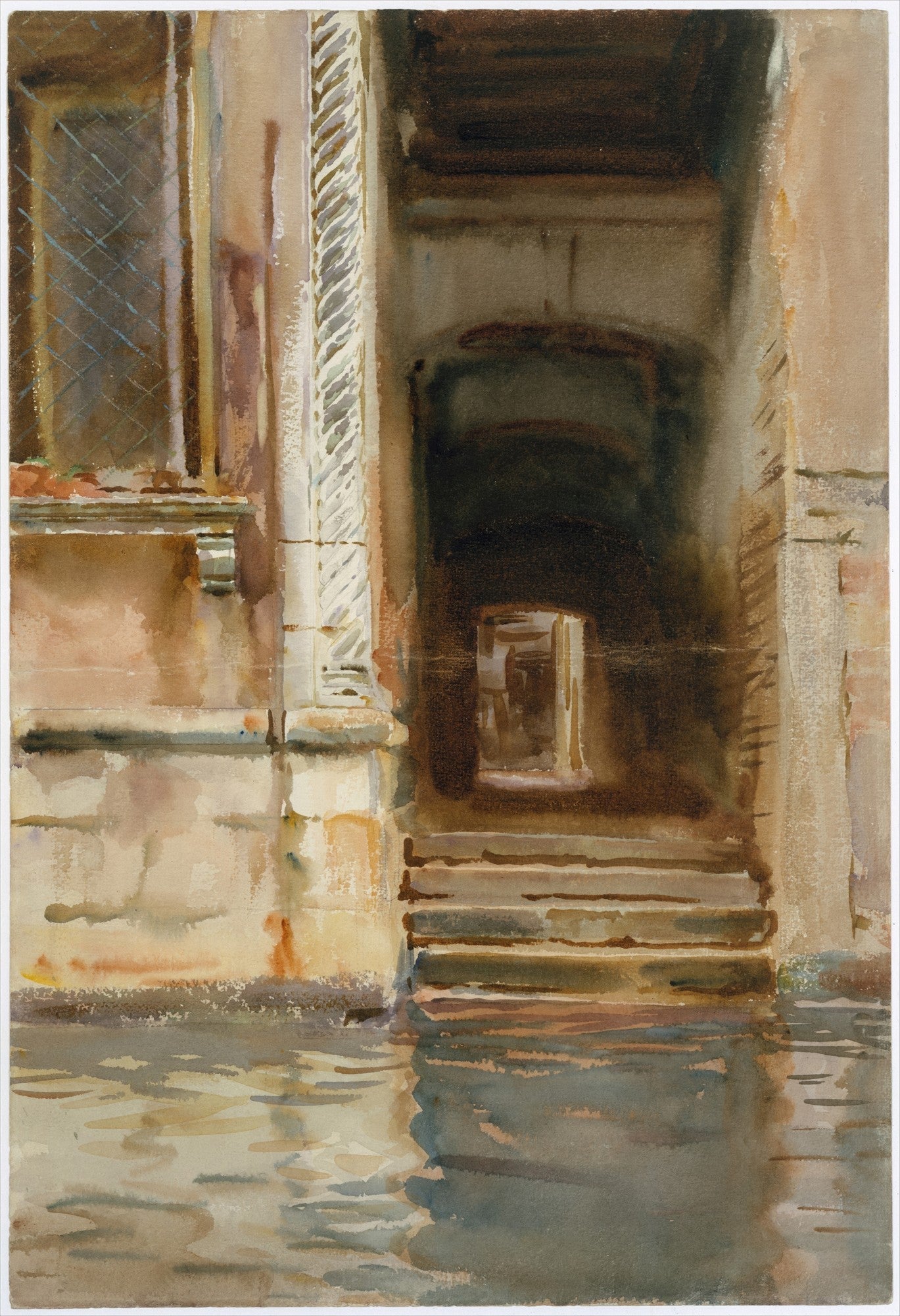 Quadro decorativo em aquarela de John Singer Sargent, representando um portão escuro em Veneza refletido na água do canal, com detalhes arquitetônicos em pedra e uma janela à esquerda.