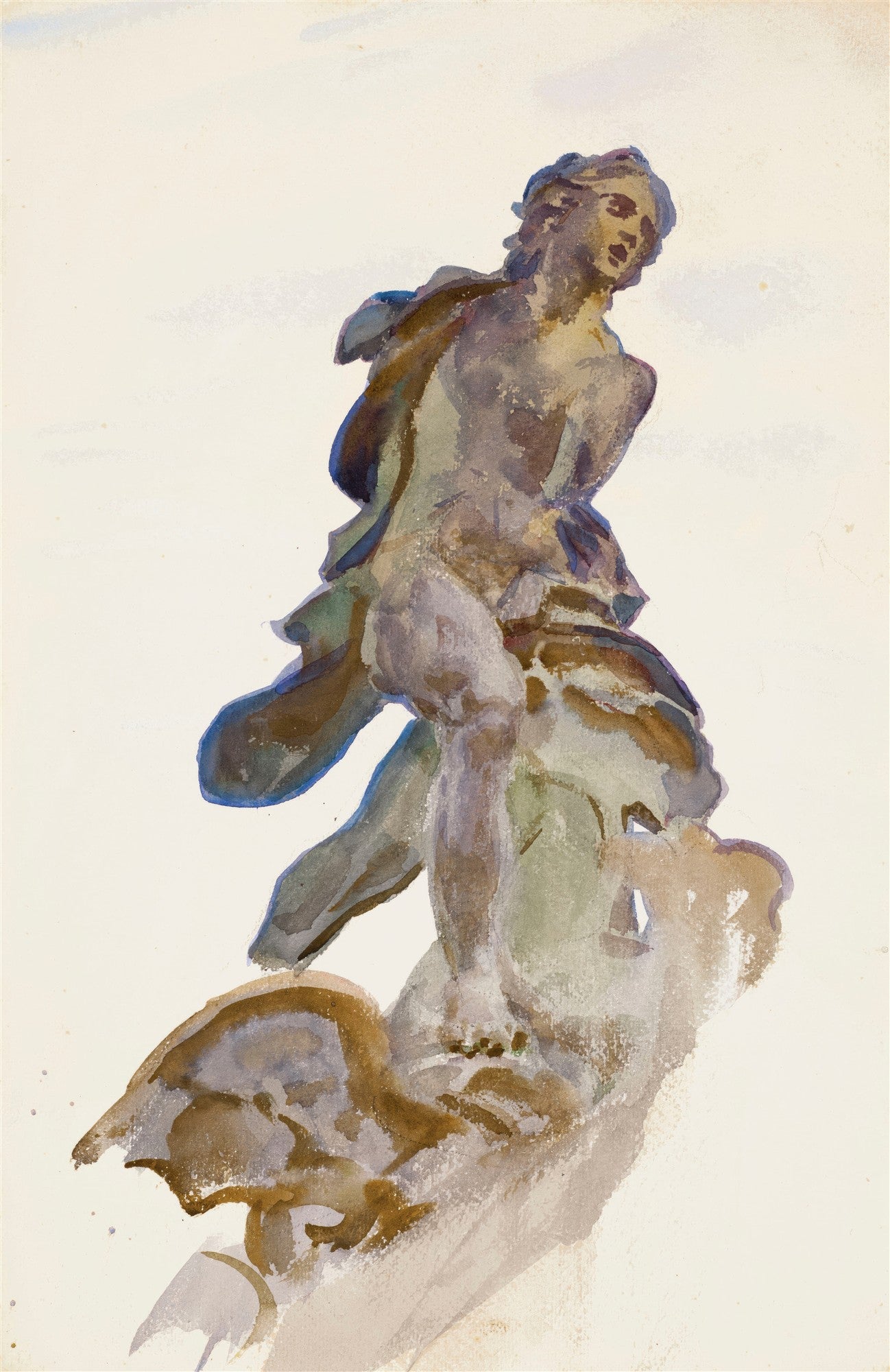 Aquarela de John Singer Sargent representando a estátua clássica de Perseu, com tons terrosos e azulados sobre fundo claro, destacando a forma heroica e o movimento da figura.