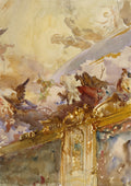 Aquarela de John Singer Sargent mostrando um estudo de teto com figuras celestiais flutuando acima de uma rica arquitetura dourada e ornamentada. Predominam tons de ocre, dourado e azul acinzentado.