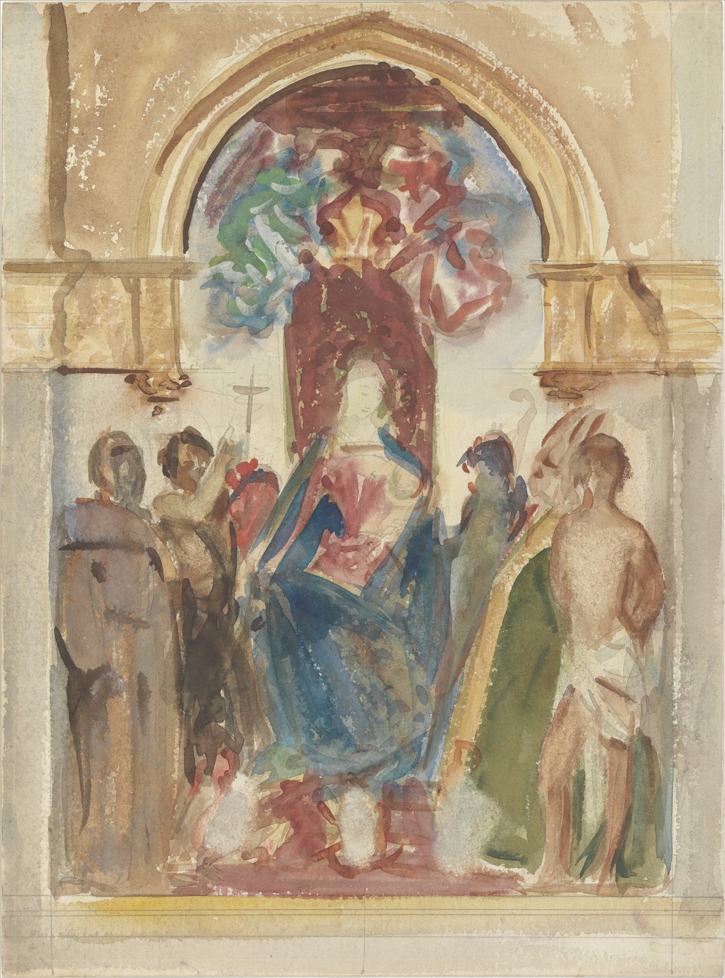 Estudo em aquarela de John Singer Sargent para um fresco religioso, com figuras estilizadas e cores suaves em tons terrosos, azuis e verdes.