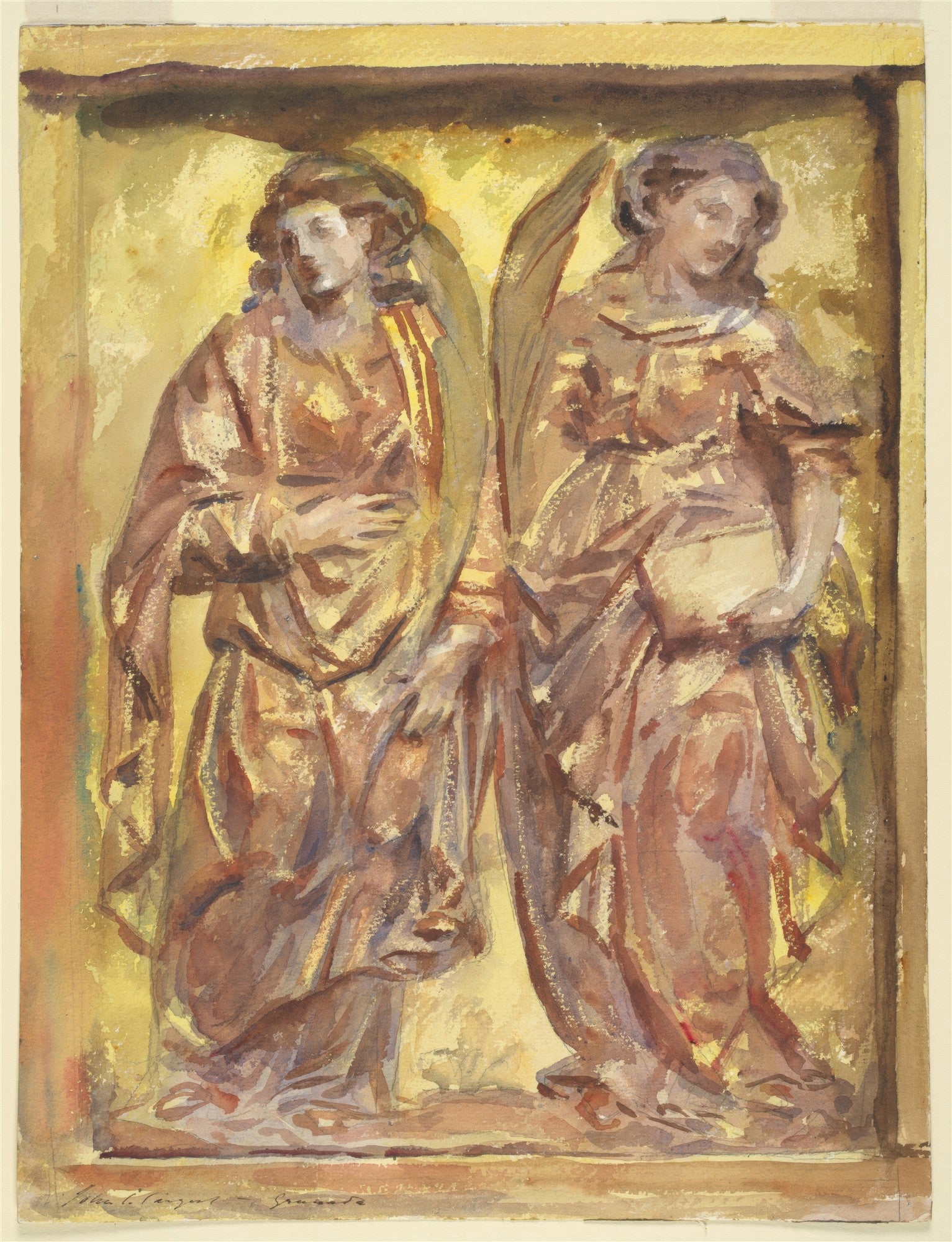 Quadro decorativo com aquarela de John Singer Sargent, 'Two Angels', apresentando duas figuras angelicais em tons terrosos e dourados, com asas e vestimentas fluidas, em um estilo clássico e etéreo.