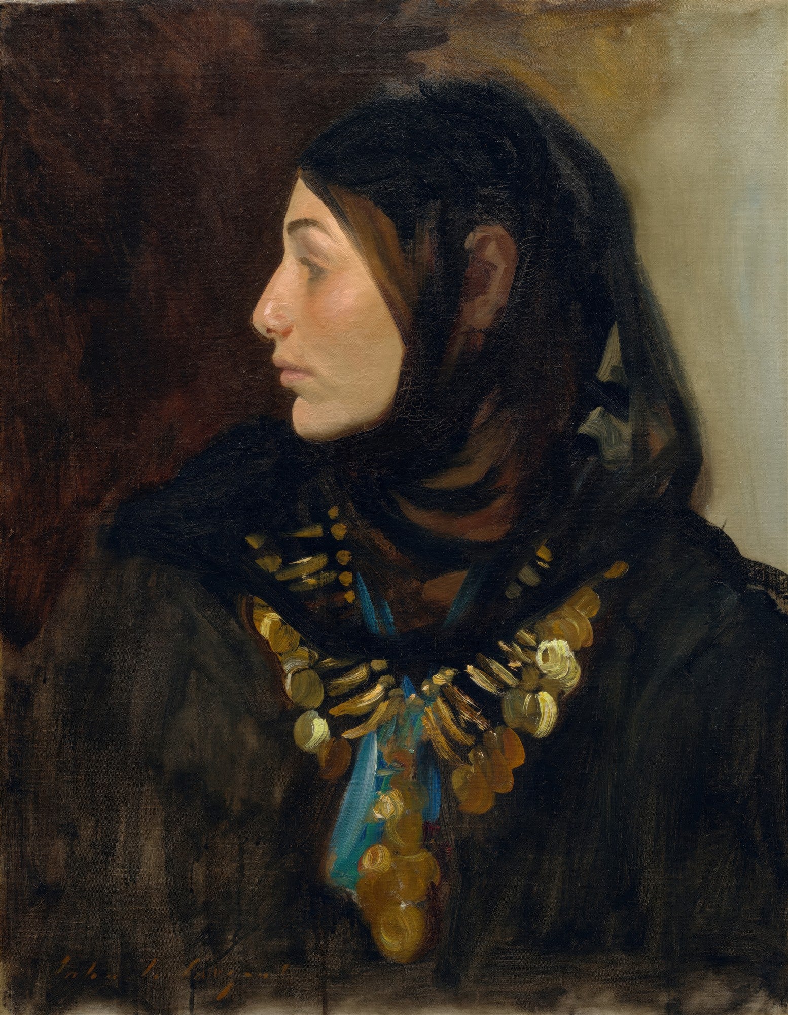 Retrato de perfil de uma mulher com véu escuro e um colar de moedas douradas, atribuído a John Singer Sargent.