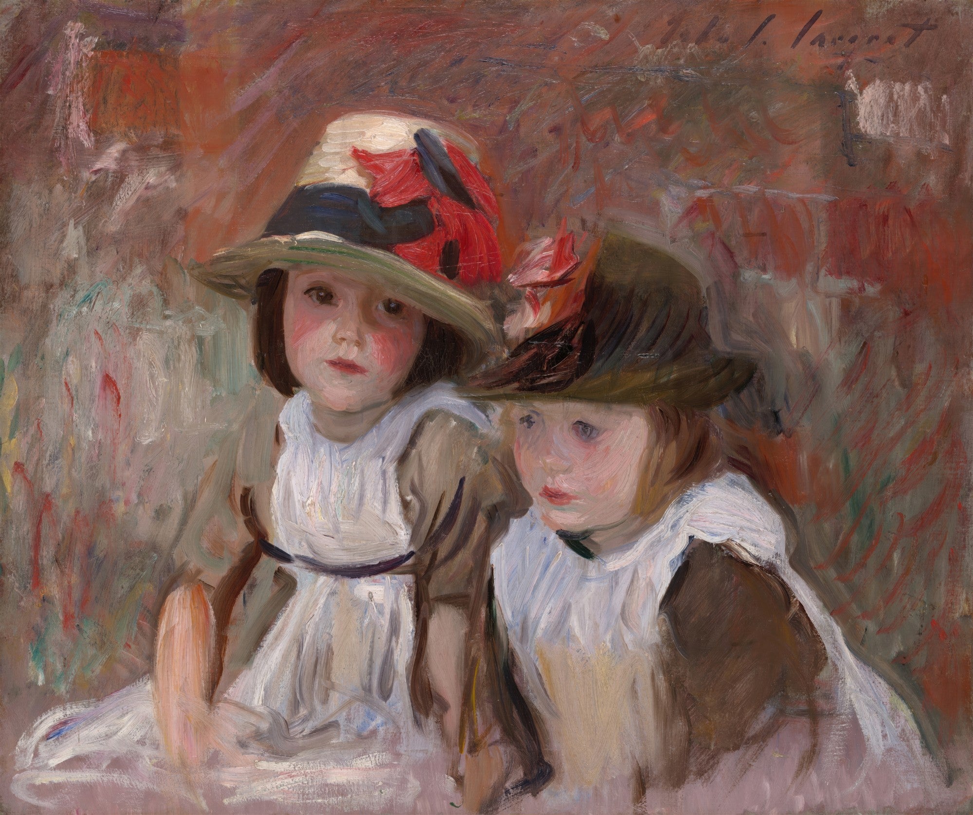 Pintura a óleo de John Singer Sargent, 'Duas Meninas com Chapéus', retratando duas crianças com chapéus, uma olhando para frente e outra para o lado, com pinceladas soltas em tons de vermelho, marrom e creme.