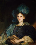 Retrato a óleo de John Singer Sargent, 'Mrs. Fiske Warren (Gretchen Osgood) and Her Daughter Rachel', mostrando uma senhora de pele clara, chapéu azul emplumado, colar de contas azuis e vestes escuras com detalhes em azul e dourado, sobre um fundo escuro.