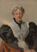 Retrato de uma senhora idosa com touca branca e vestes escuras, com um colarinho branco detalhado, pintado por John Singer Sargent. A mulher tem um semblante sério e sereno. A assinatura 'to Mrs Abbey from her friend John S Sargent 1893' aparece na parte superior direita da imagem.
