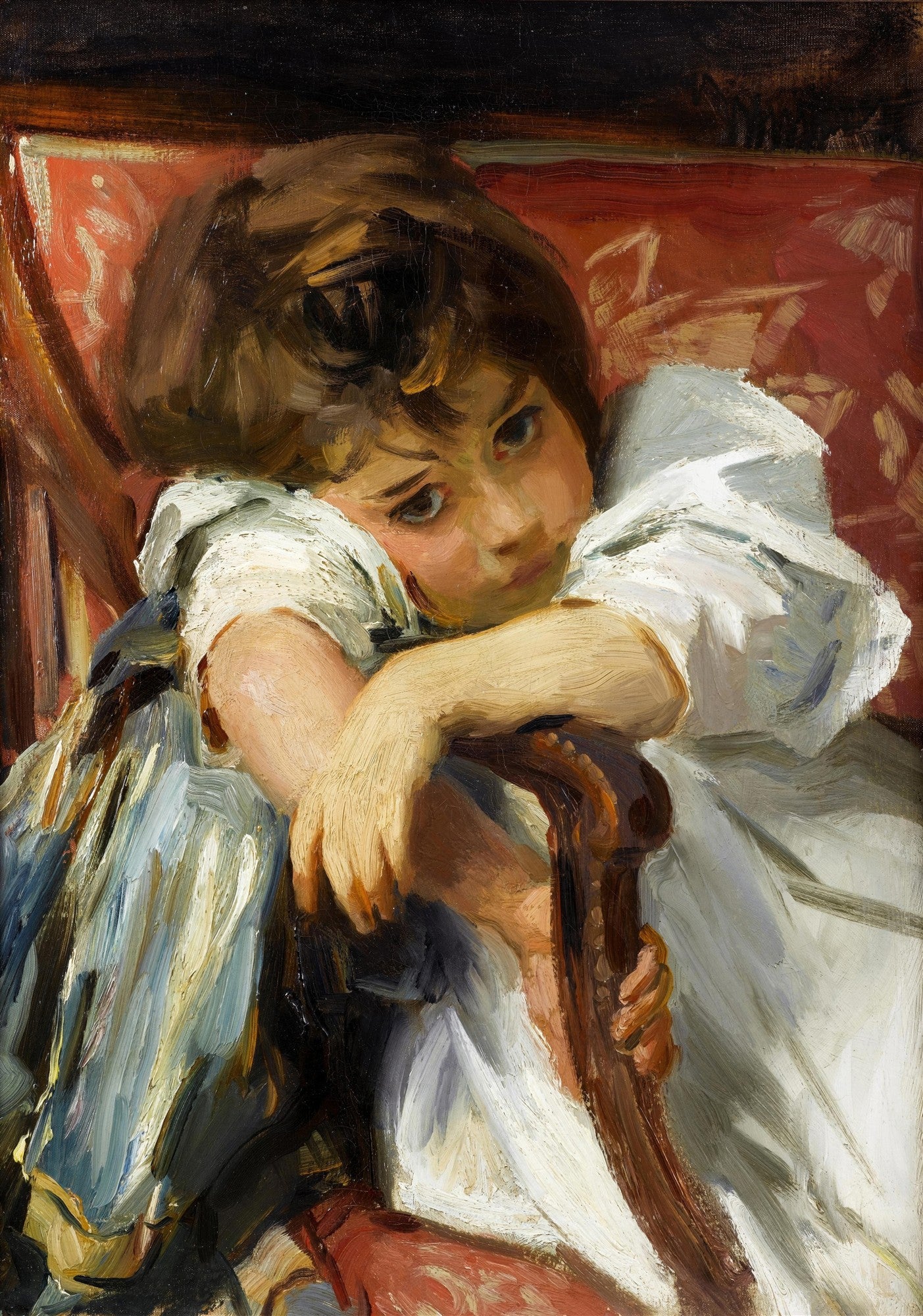 Quadro decorativo detalhado de uma jovem sentada, com expressão pensativa, apoiando o rosto nas mãos, em tons de marrom, branco, azul e vermelho vibrante, obra de John Singer Sargent.