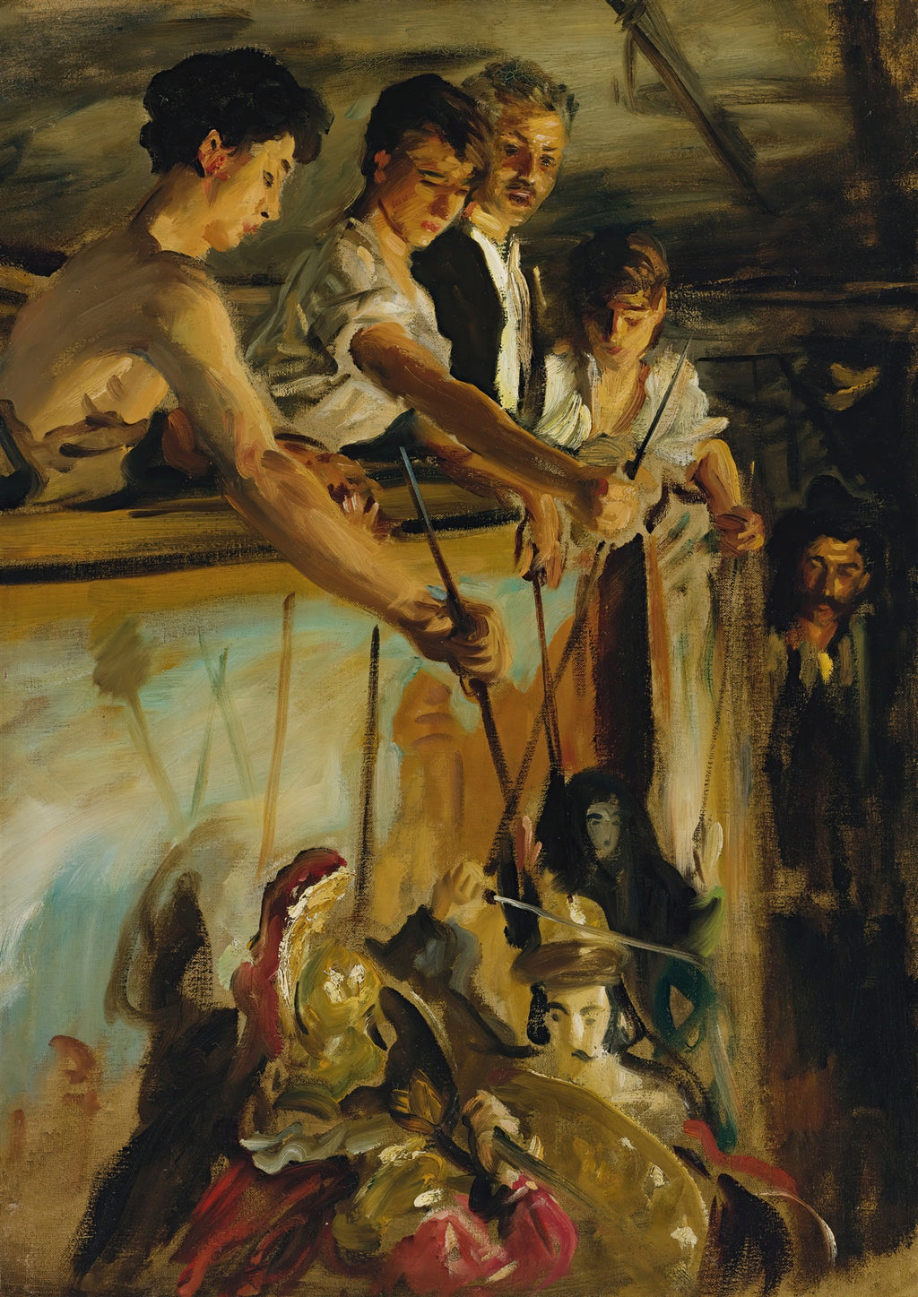 Pintura a óleo de John Singer Sargent, 'A Scene of Marionettes', retratando figuras humanas controlando fantoches com cordas. Cores escuras e terrosas predominam, com pinceladas expressivas e dramáticas.