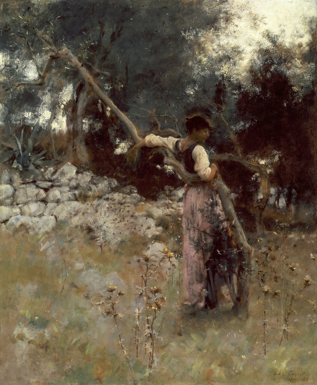 Uma mulher jovem em um vestido rosa e branco recostada em um galho de oliveira, em um bosque sombrio e misterioso, com uma parede de pedras ao fundo. A luz filtra através das folhas, criando um efeito dramático. A obra é de John Singer Sargent.