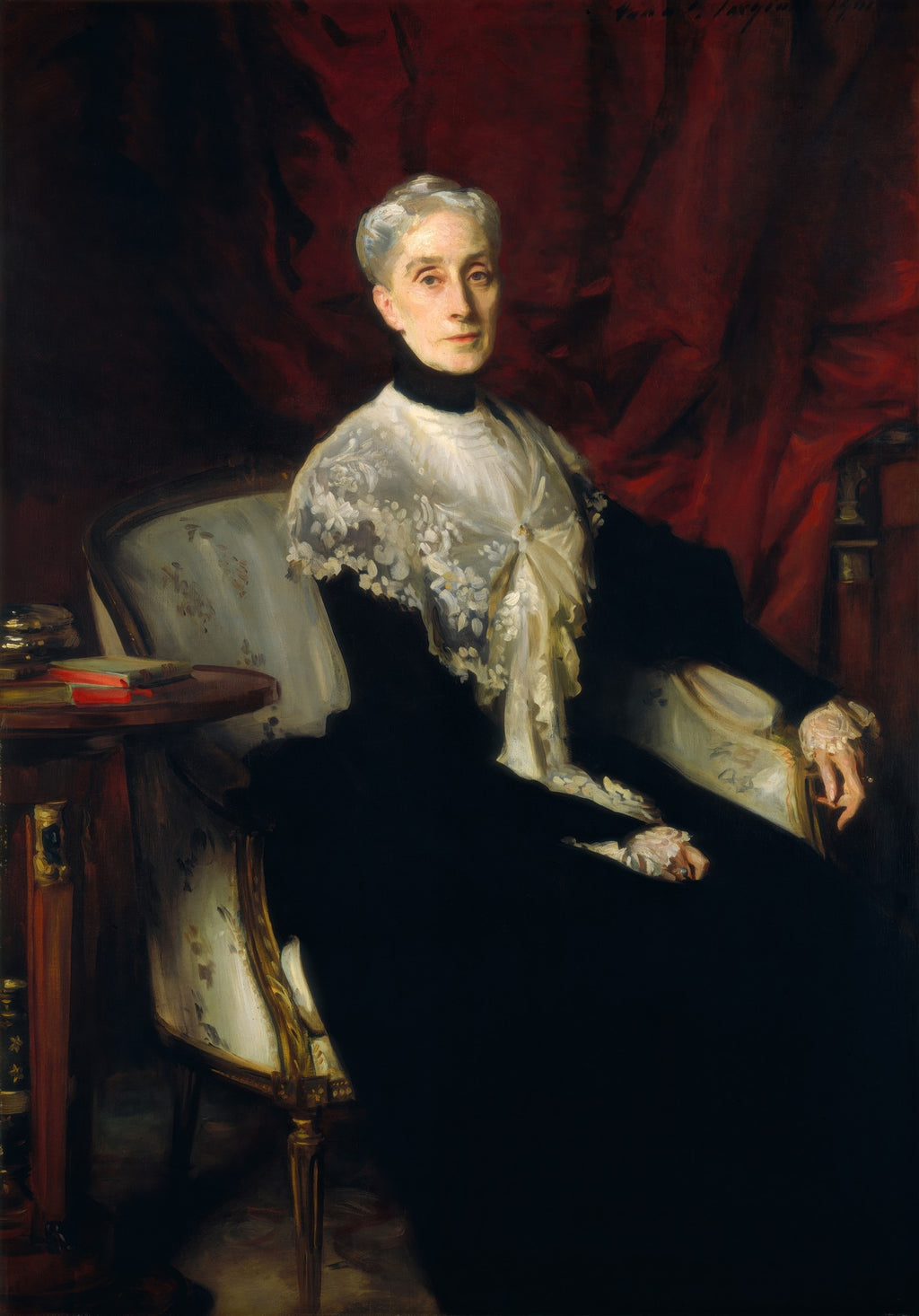 Retrato a óleo de John Singer Sargent, mostrando uma senhora sentada, com cabelos grisalhos, usando um vestido preto e um elaborado xale de renda branco, contra um fundo vermelho escuro e uma cadeira estofada clara. A obra é 'Portrait of Mrs. Fiske Warren (Gretchen Osgood)'.