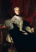 Retrato a óleo de John Singer Sargent, mostrando uma senhora sentada, com cabelos grisalhos, usando um vestido preto e um elaborado xale de renda branco, contra um fundo vermelho escuro e uma cadeira estofada clara. A obra é 'Portrait of Mrs. Fiske Warren (Gretchen Osgood)'.