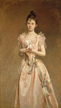 Retrato de mulher jovem de John Singer Sargent, vestindo um vestido rosa claro com babados e laços, segurando orquídeas brancas, com um fundo marrom neutro.