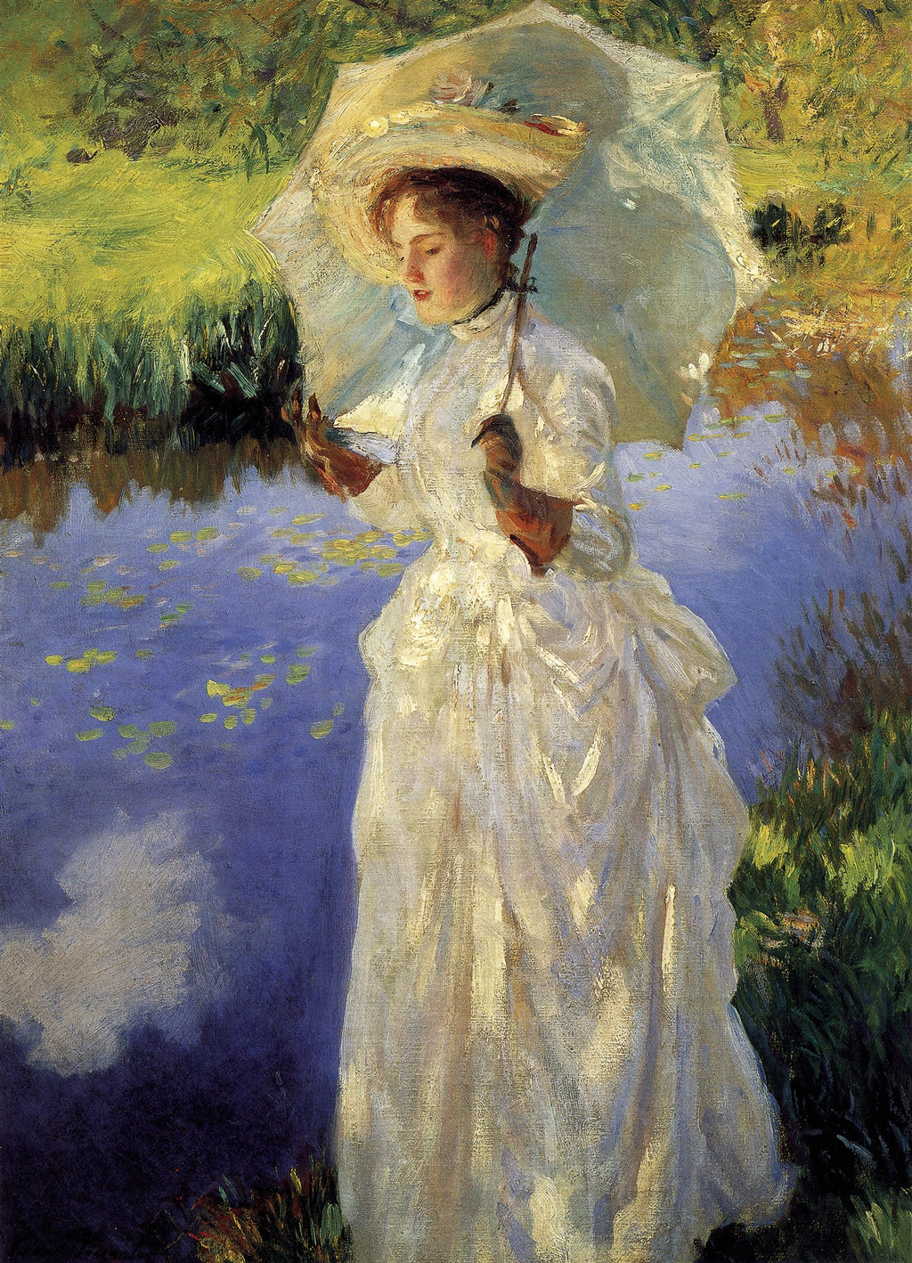 Pintura a óleo de John Singer Sargent mostrando uma mulher elegante com um vestido branco e sombrinha branca, à beira de um lago azul-púrpura com nenúfares, sob a luz do sol.
