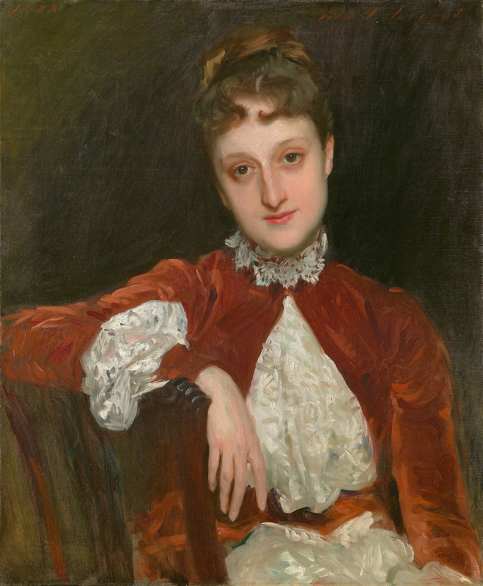 Retrato de uma mulher de cabelo castanho preso, vestindo um casaco vermelho e blusa de renda branca, pintado por John Singer Sargent.