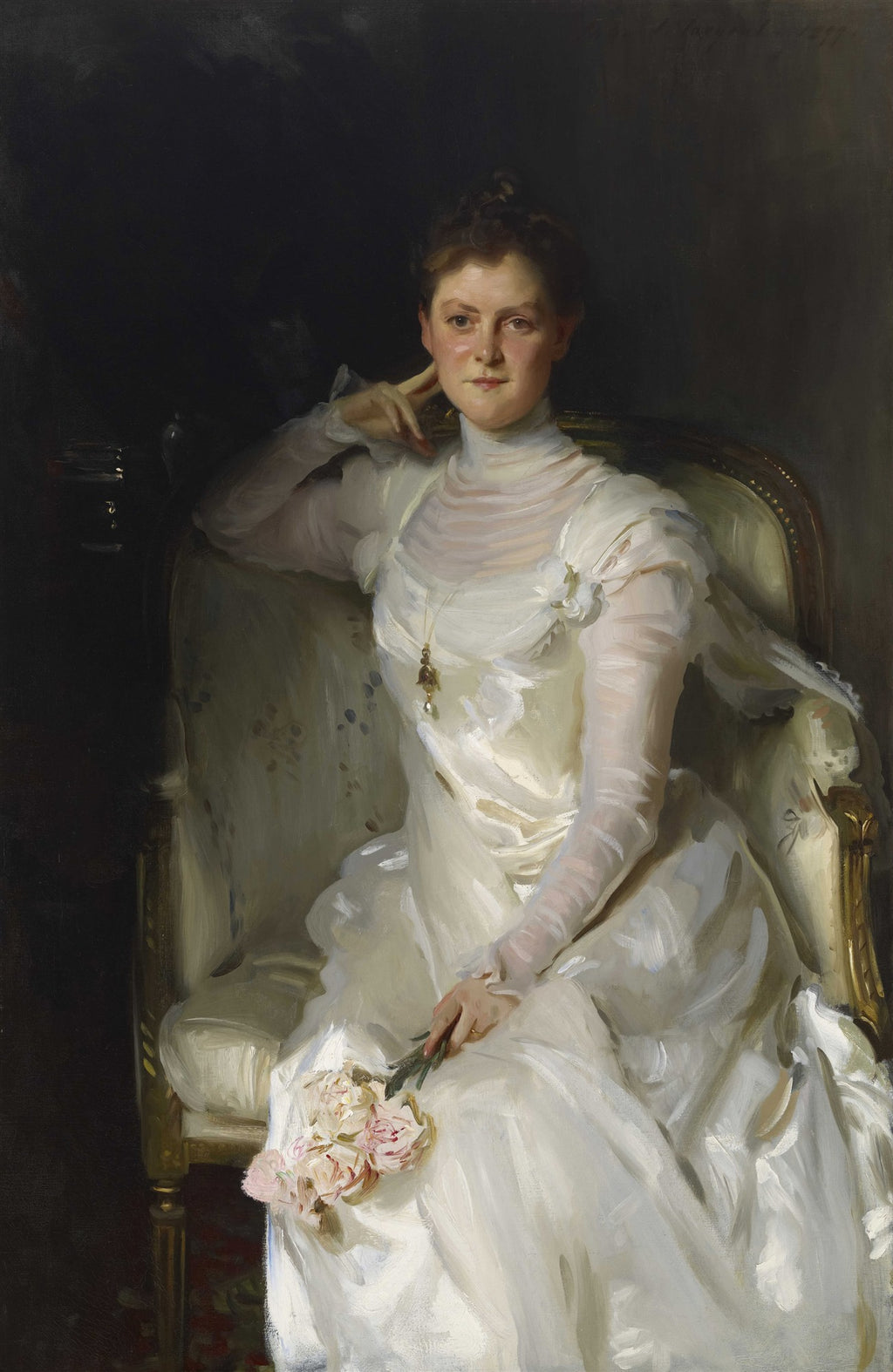 Retrato de uma mulher sentada, vestindo um elegante vestido branco e segurando um buquê de rosas, pintado por John Singer Sargent. A imagem tem um fundo escuro e iluminação dramática que destaca a figura.
