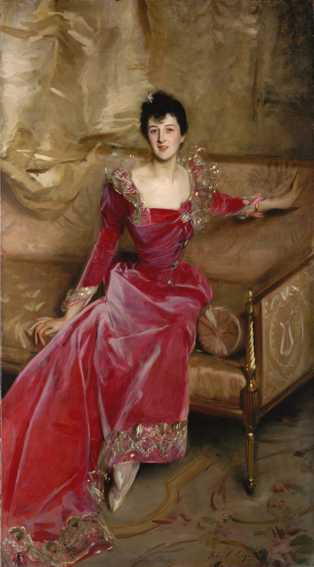 Retrato de Lady Agnew of Lochnaw, uma mulher sentada em um sofá, vestindo um elegante vestido de seda rosa com detalhes dourados e rendas, pintado por John Singer Sargent. A mulher tem cabelos escuros e um olhar sereno. Ao fundo, um tecido drapeado em tons de bege.