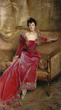 Retrato de Lady Agnew of Lochnaw, uma mulher sentada em um sofá, vestindo um elegante vestido de seda rosa com detalhes dourados e rendas, pintado por John Singer Sargent. A mulher tem cabelos escuros e um olhar sereno. Ao fundo, um tecido drapeado em tons de bege.