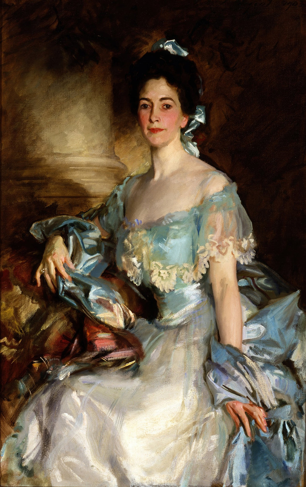 Retrato de Lady Agnew of Lochnaw por John Singer Sargent. Uma mulher de rosto sereno, vestindo um elegante vestido azul com detalhes de renda, sentada em um ambiente clássico. A pintura tem tons ricos de azul, branco e marrom.
