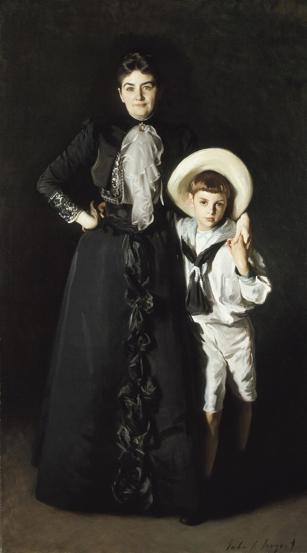 Retrato em óleo de John Singer Sargent mostrando uma mulher elegante de preto ao lado de um menino com chapéu de marinheiro branco, ambos com expressões serenas e fundo escuro.