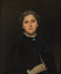 Retrato de uma mulher com cabelo castanho escuro, vestindo um traje escuro com um broche turquesa, olhando diretamente para frente, em um fundo escuro. Obra de John Singer Sargent.