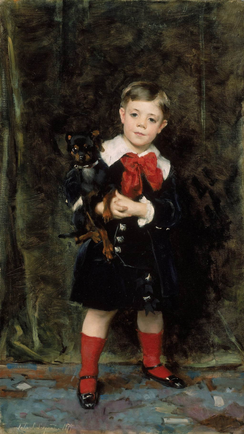 Retrato a óleo de um menino pequeno, Master Edward Robinson, segurando um cachorro preto pequeno, com um laço vermelho vibrante no pescoço e meias vermelhas, sobre um fundo escuro e pinceladas expressivas no chão. Obra de John Singer Sargent.