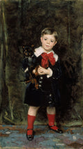 Retrato a óleo de um menino pequeno, Master Edward Robinson, segurando um cachorro preto pequeno, com um laço vermelho vibrante no pescoço e meias vermelhas, sobre um fundo escuro e pinceladas expressivas no chão. Obra de John Singer Sargent.