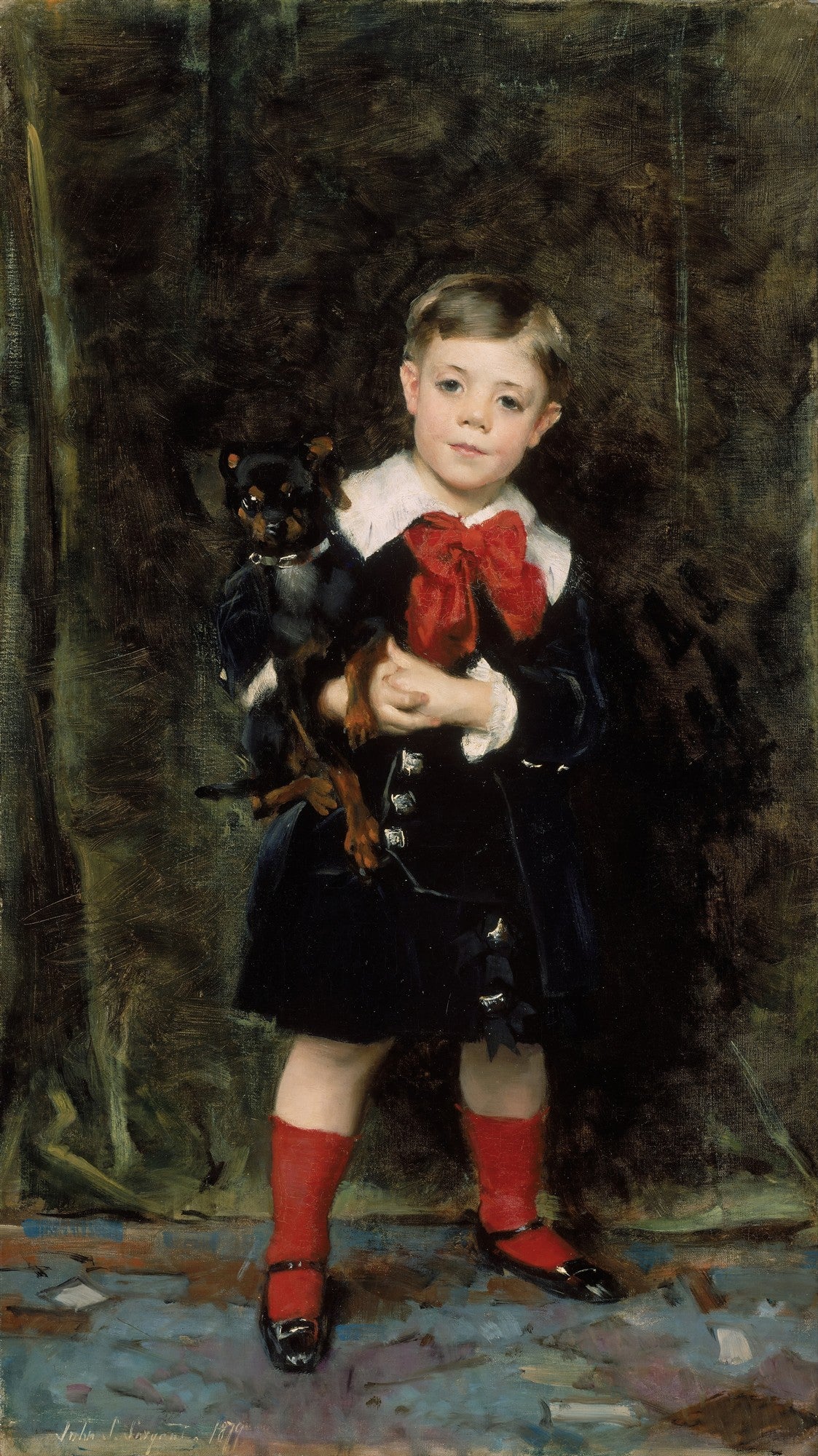 Retrato a óleo de um menino pequeno, Master Edward Robinson, segurando um cachorro preto pequeno, com um laço vermelho vibrante no pescoço e meias vermelhas, sobre um fundo escuro e pinceladas expressivas no chão. Obra de John Singer Sargent.