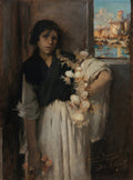Quadro decorativo 'A Vendedora de Alho' de John Singer Sargent, retratando uma jovem com um colar de alhos e um olhar melancólico, com uma vista de um porto ao fundo.