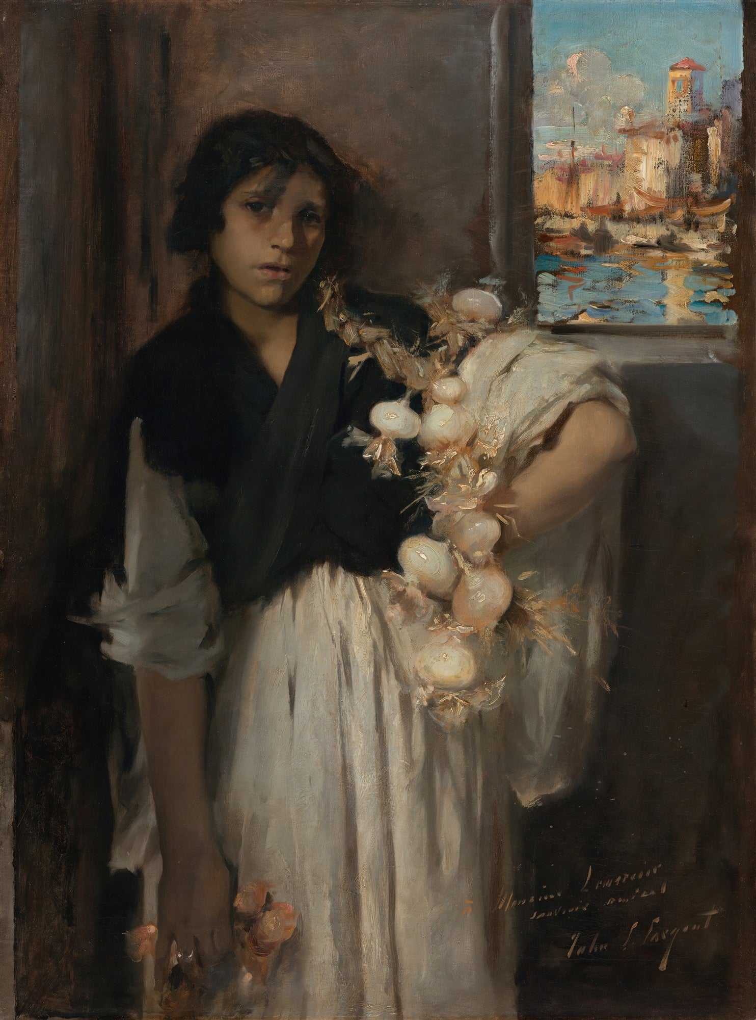 Quadro decorativo 'A Vendedora de Alho' de John Singer Sargent, retratando uma jovem com um colar de alhos e um olhar melancólico, com uma vista de um porto ao fundo.