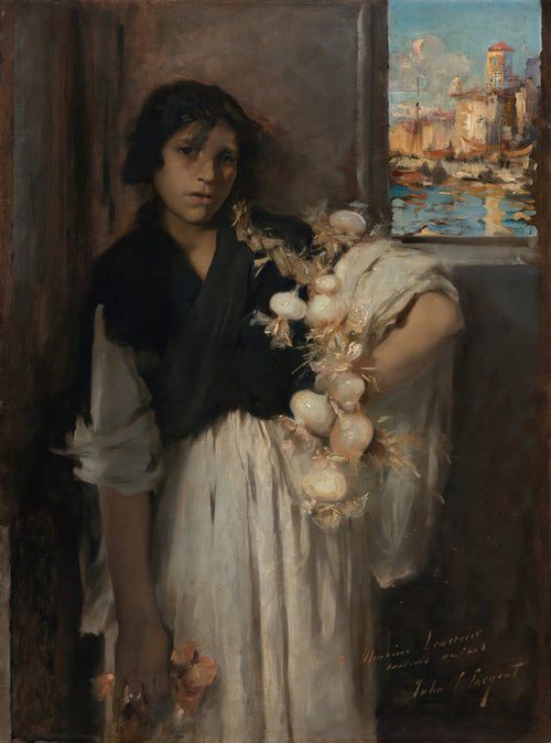 Quadro decorativo 'A Vendedora de Alho' de John Singer Sargent, retratando uma jovem com um colar de alhos e um olhar melancólico, com uma vista de um porto ao fundo.