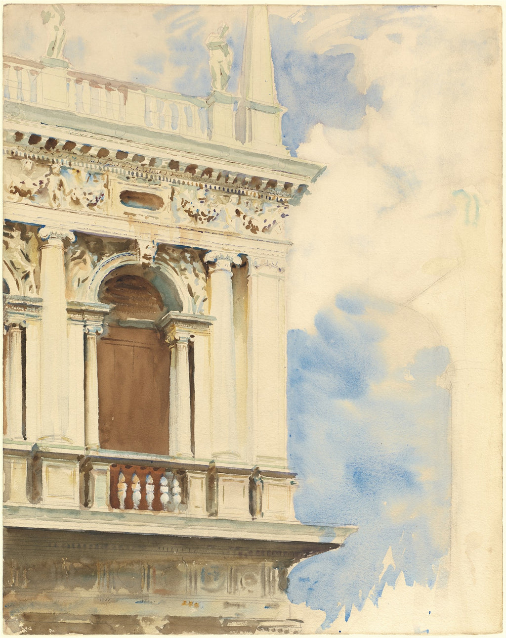 Aquarela de John Singer Sargent mostrando detalhe arquitetônico de um palácio veneziano, com colunas, entalhes e um balcão, sob um céu azul claro.