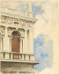 Aquarela de John Singer Sargent mostrando detalhe arquitetônico de um palácio veneziano, com colunas, entalhes e um balcão, sob um céu azul claro.