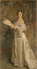 Retrato de uma senhora elegante com vestido branco e leque, pintado por John Singer Sargent, com fundo abstrato e figuras equestres. Obra 'Mrs. Hugh Hammersley'.