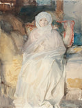 Aquarela de John Singer Sargent, "A Dama Velada", mostrando uma mulher sentada, envolta em um véu branco, com uma expressão serena e um fundo abstrato em tons terrosos e azulados. A imagem é de uma obra de arte fine art.